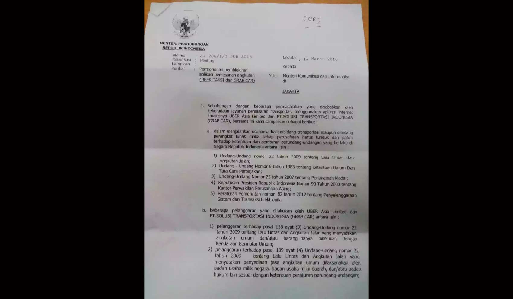 Surat Kemenhub RI ke Kominfo tentang Permintaan Pencabutan Angkum Berbasis Online