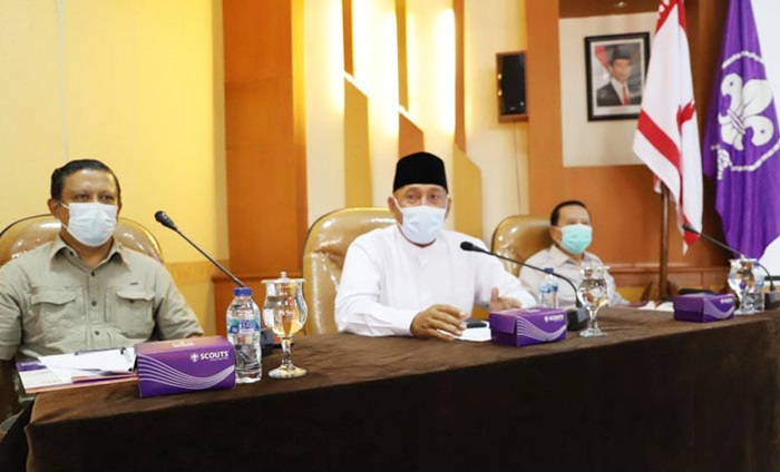 Ketua Kwarda Gerakan Pramuka Jatim, Arum Sabil usai rapat koordinasi dengan pimpinan ketua Kwarcab Gerakan Pramuka se-Jatim di Surabaya. foto: istimewa