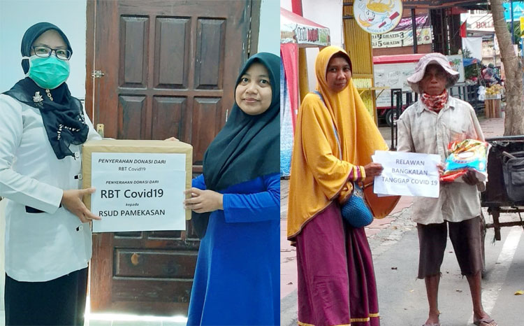 Relawan Bangkalan Tanggap Covid-19 memberikan bantuan sembako kepada tukang becak dan APD ke RSUD Pamekasan.