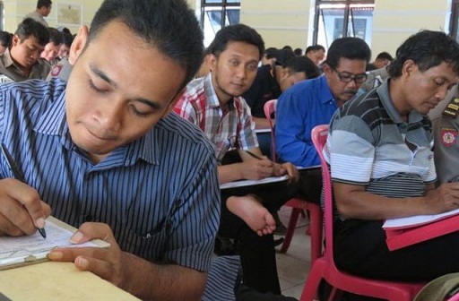 Sejumlah personel polisi Pacitan  saat mengikuti ujian psikotes. Foto: tio/HB.? 