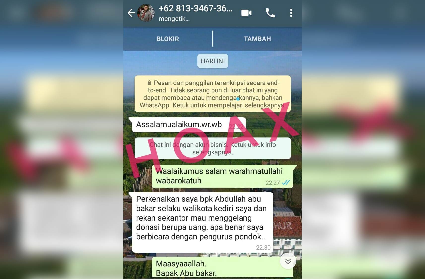 Tangkapan layar percakapan WhatsApp yang menunjukkan seorang oknum mengaku sebagai Wali Kota Kediri untuk meminta sumbangan. 