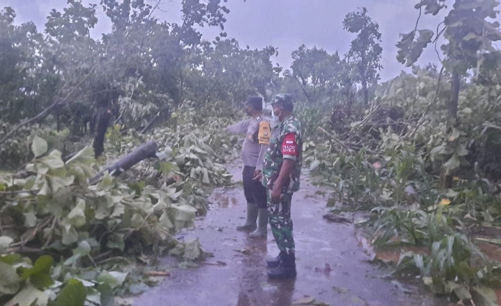 Personel gabungan dari TNI-Polri saat meninjau dampak puting beliung di Dusun Bancang, Desa Tahulu, Kecamatan Merakurak, Kabupaten Tuban.