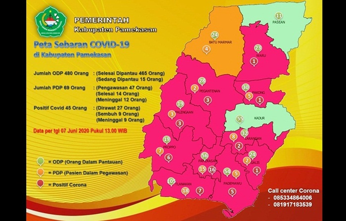 Peta sebaran Covid-19 di Kabupaten Pamekasan per 7 Juni 2020.