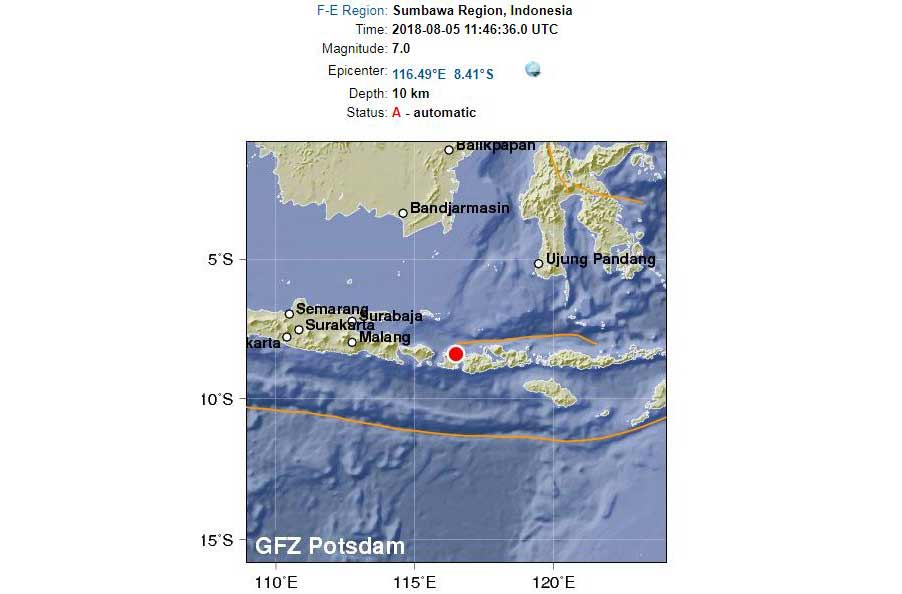Episentrum terjadinya gempa di Lombok, NTB.