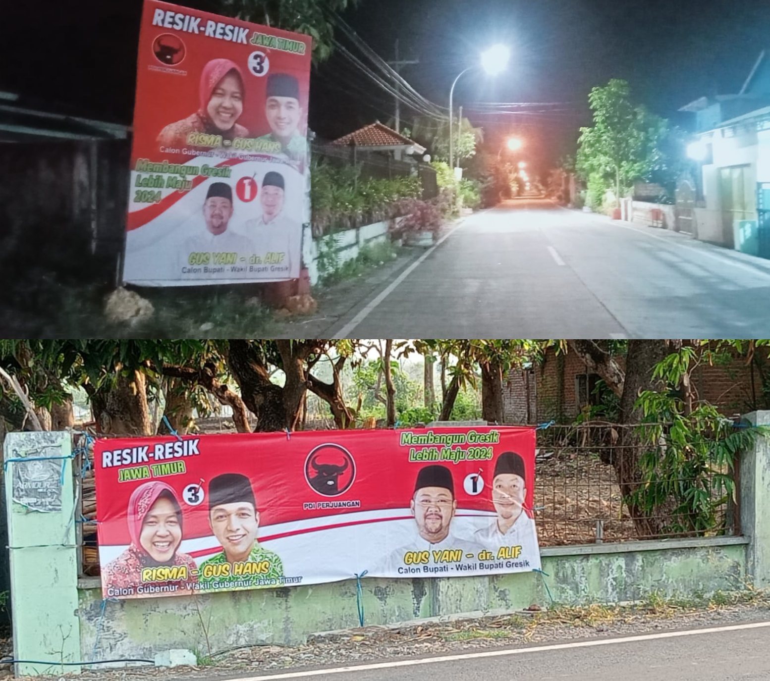 APK bergambar pasangan Yani-Alif dan Risma-Gus Hans yang dipasang PDIP Gresik. FOTO: ist.
