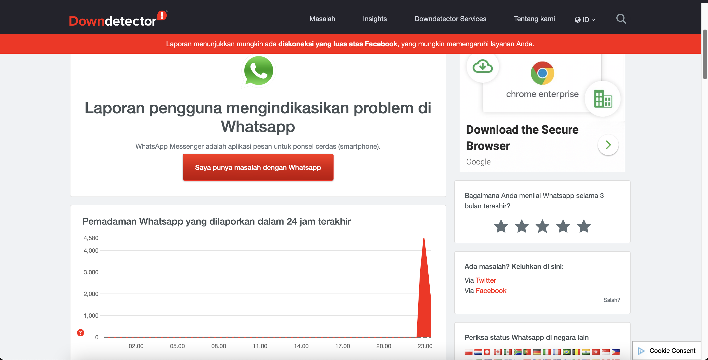 Tangkapan layar situs downdetector.id yang menginformasikan bahwa WhatsApp sedang gangguan atau down.