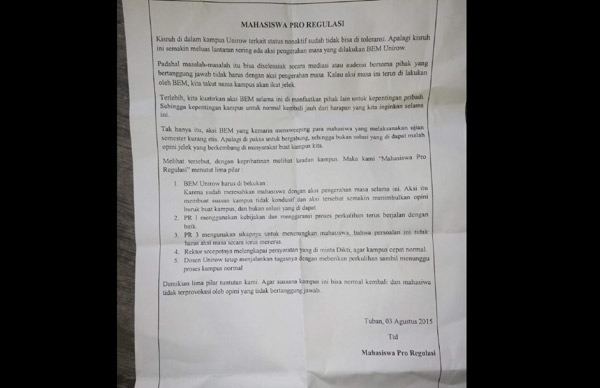 Edaran yang gegerkan mahasiswa UNIROW. (foto: BANGSAONLINE)