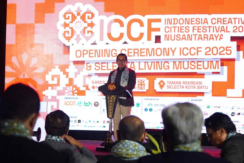 Wali Kota Batu saat memeberikan sambutan di acara pembukaan ICCF 2025. (Ist)